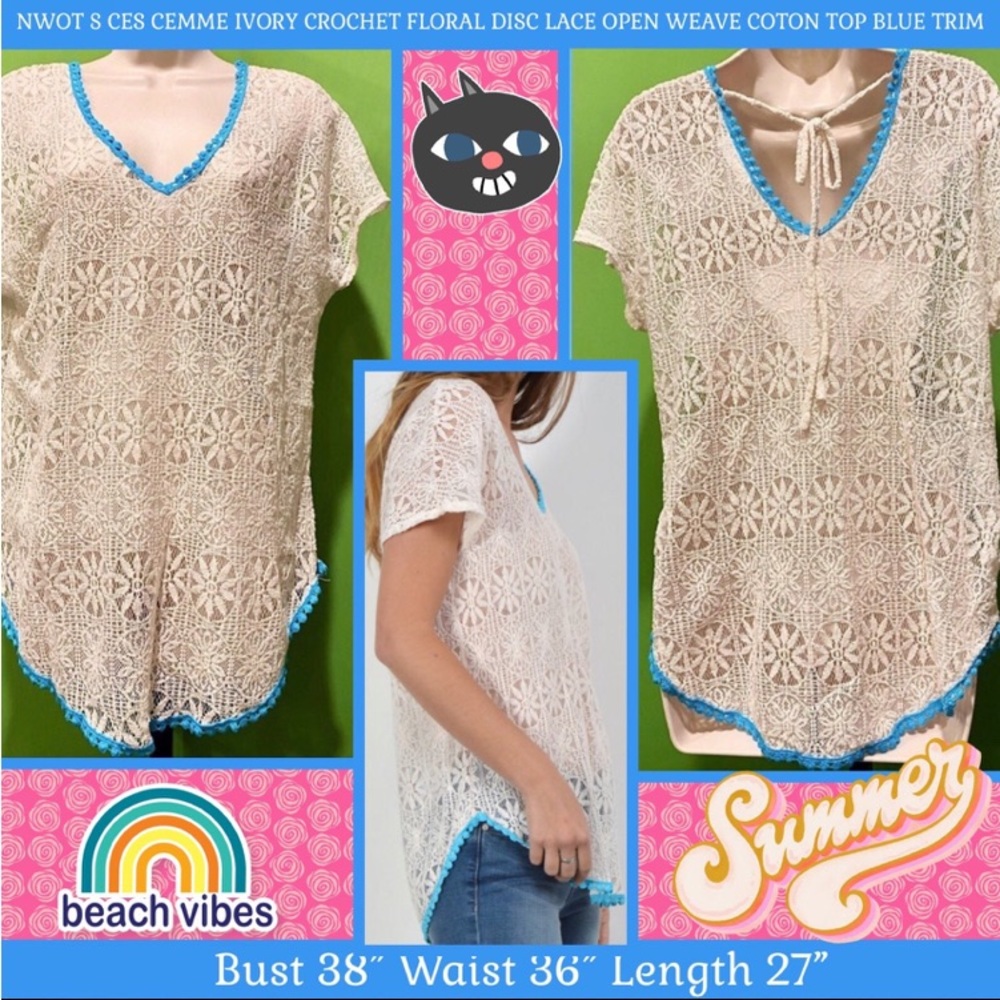 NWOT S LACE SHEER  TOP OFF-WHITE W BLUE TRIM & CHUNKY BACK TIES Ces-Femme